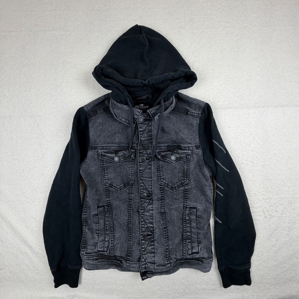 Hollister Mens XS Black Denim Hooded Jacket Advanced Stretch Hybrid Knit Sleeve